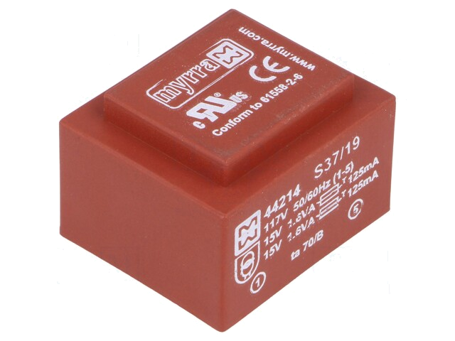 Transformator: ingegoten; 3,2VA; 117VAC; 15V; 15V; 107mA; 107mA; PCB Transformator: ingegoten; 3,2VA; 117VAC; 15V; 15V; 107mA; 107mA; PCB